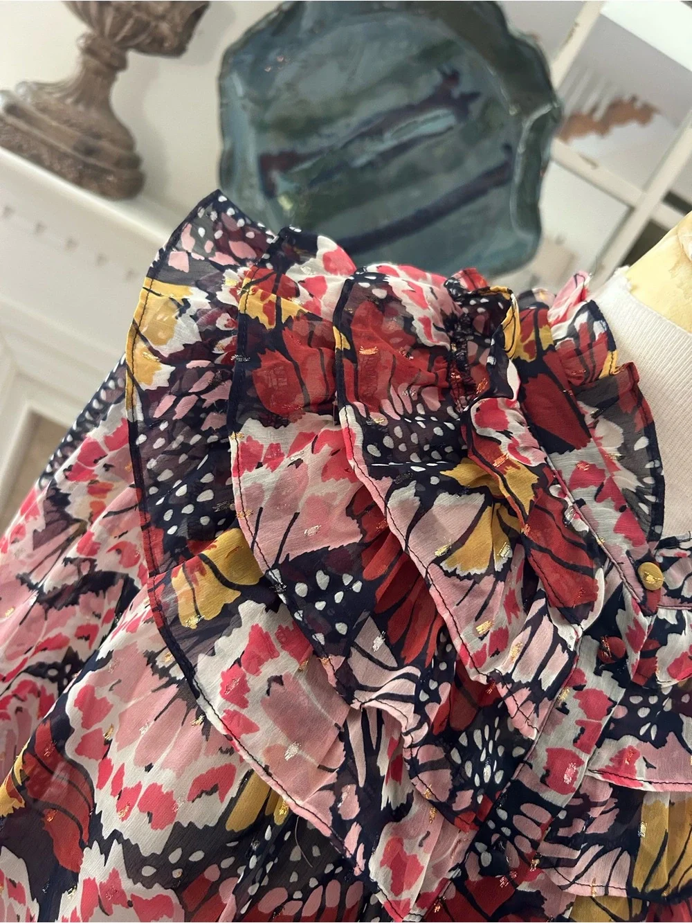 Boden Multi Floral Ruffle-Neck Blouse